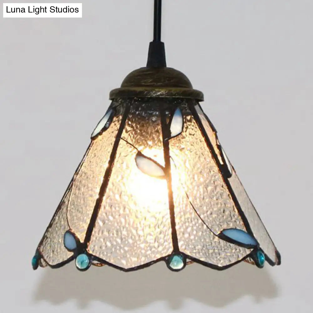 Tiffany Conical Hanging Lamp: Blue & Clear Cut Glass Suspension Light For Dining Room