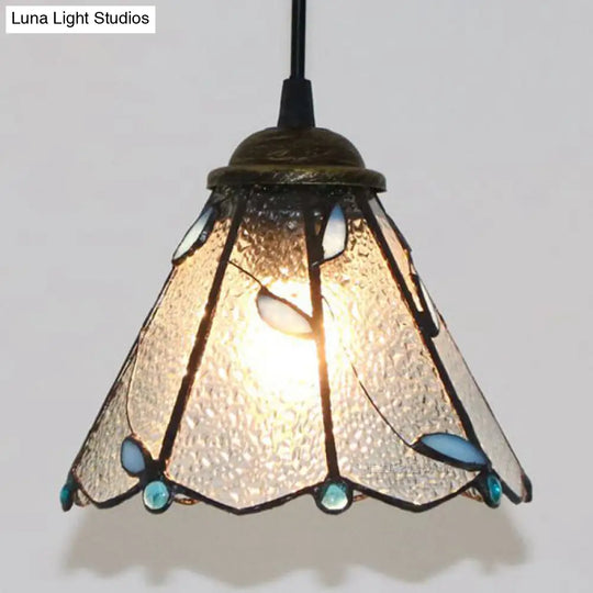 Tiffany Conical Hanging Lamp: Blue & Clear Cut Glass Suspension Light For Dining Room