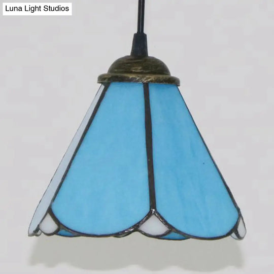 Tiffany Conical Hanging Lamp: Blue & Clear Cut Glass Suspension Light For Dining Room