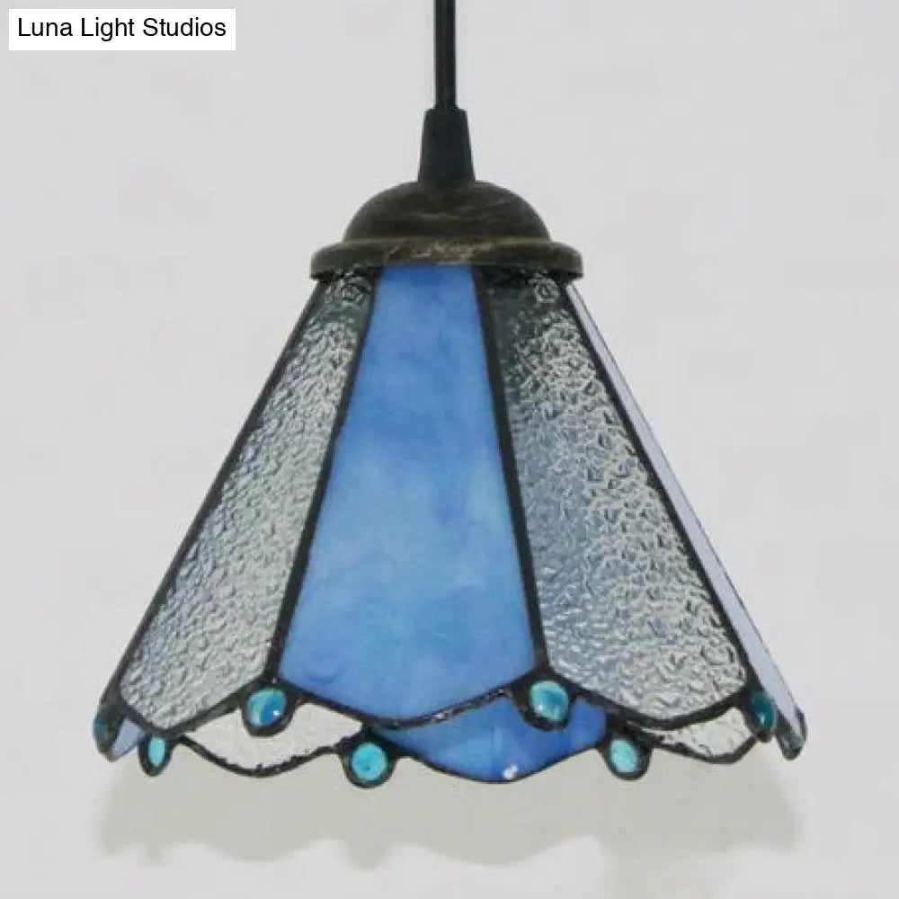 Tiffany Conical Hanging Lamp: Blue & Clear Cut Glass Suspension Light For Dining Room Blue-Clear