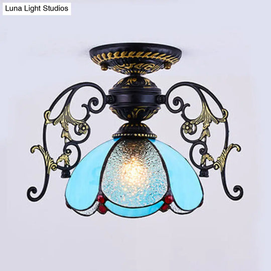 Blue/Clear Mini Flushmount With Petal Shade Tiffany 1 Light In Black Finish For Balcony Blue