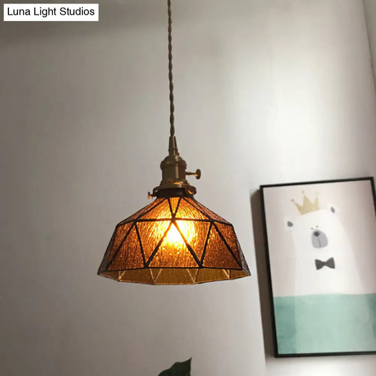 Blue/Clear Textured Glass Pendant With Brass Accents - Country Style Hanging Ceiling Light