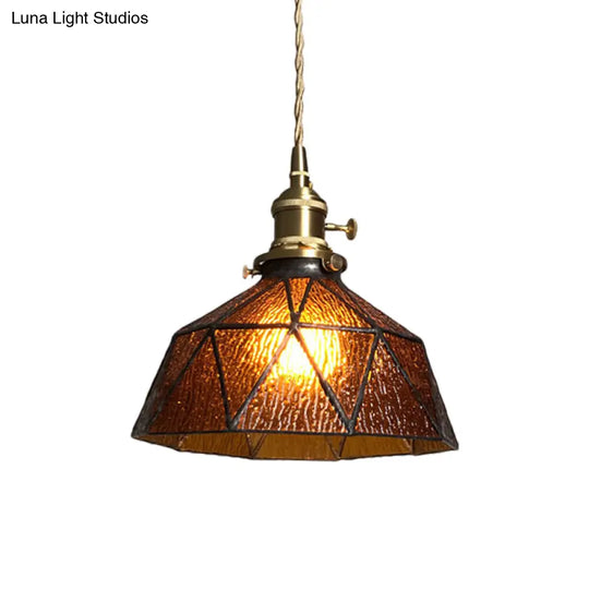 Blue/Clear Textured Glass Pendant With Brass Accents - Country Style Hanging Ceiling Light