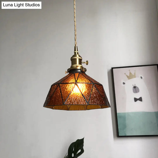 Blue/Clear Textured Glass Pendant With Brass Accents - Country Style Hanging Ceiling Light