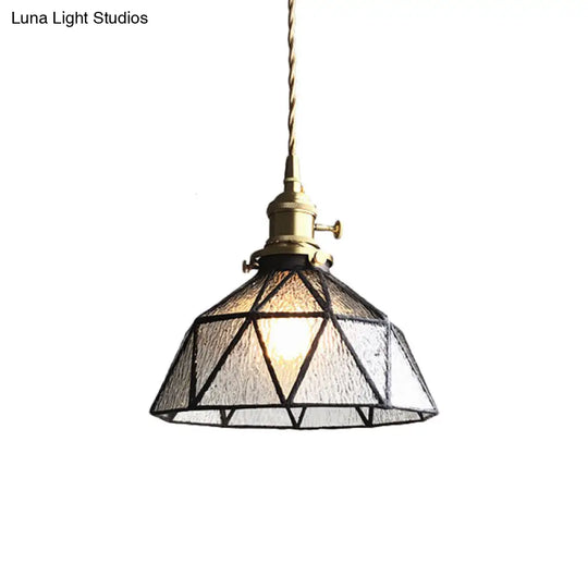 Blue/Clear Textured Glass Pendant - Faceted Barn Shaped 1 Light Country Style Ceiling