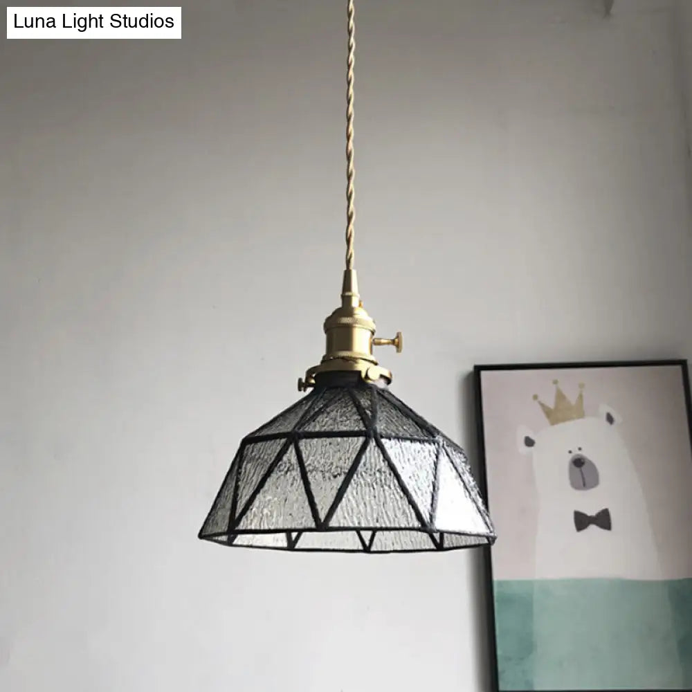 Blue/Clear Textured Glass Pendant - Faceted Barn Shaped 1 Light Country Style Ceiling