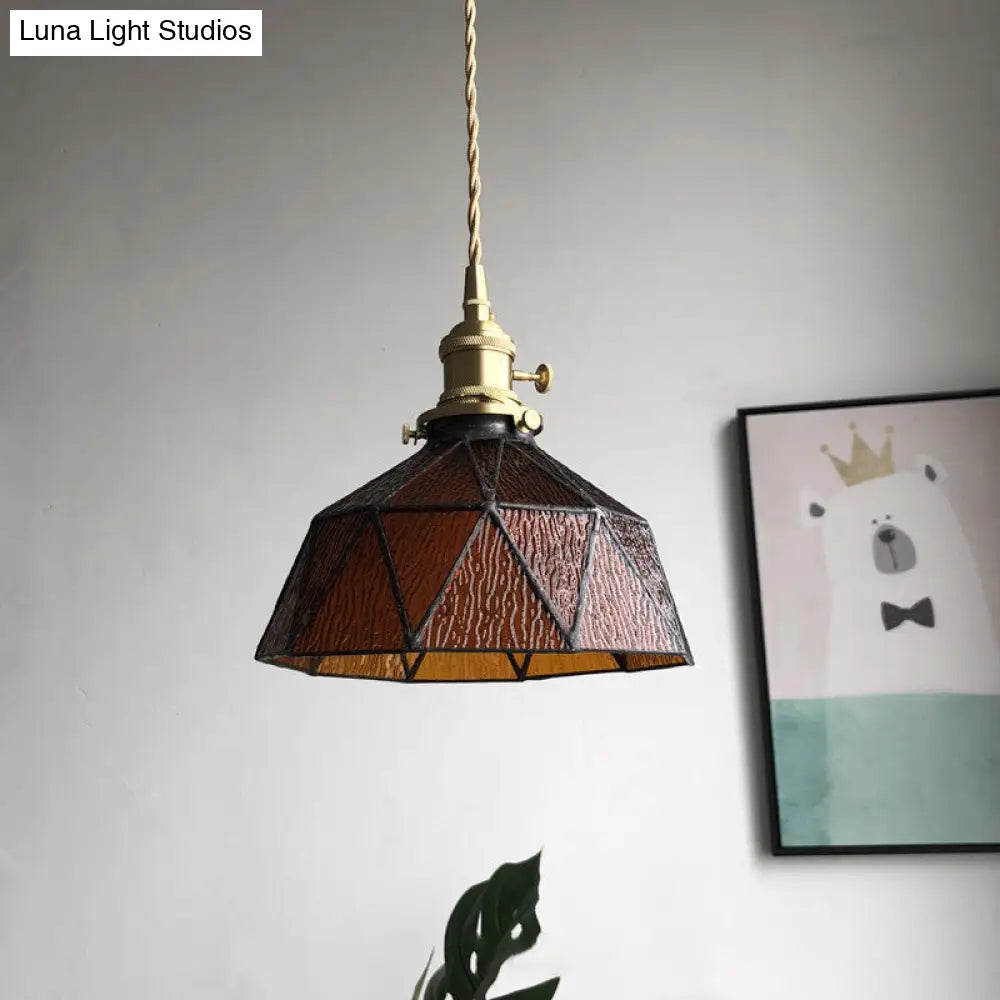 Blue/Clear Textured Glass Pendant - Faceted Barn Shaped 1 Light Country Style Ceiling Amber