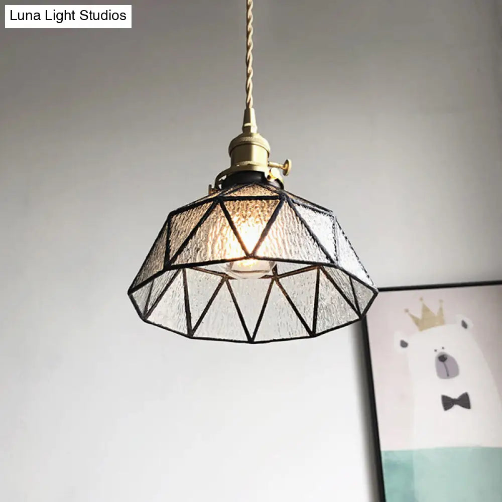 Blue/Clear Textured Glass Pendant - Faceted Barn Shaped 1 Light Country Style Ceiling