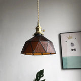 Blue/Clear Textured Glass Pendant With Brass Accents - Country Style Hanging Ceiling Light Amber