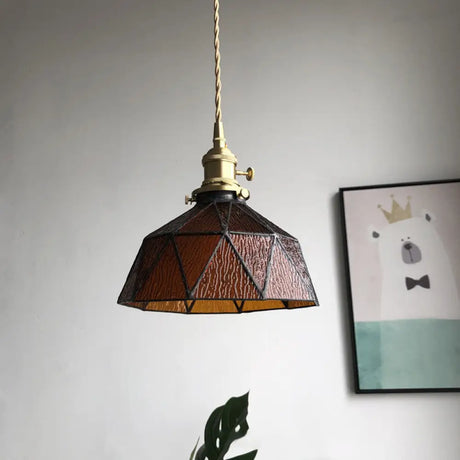 Blue/Clear Textured Glass Pendant With Brass Accents - Country Style Hanging Ceiling Light Amber