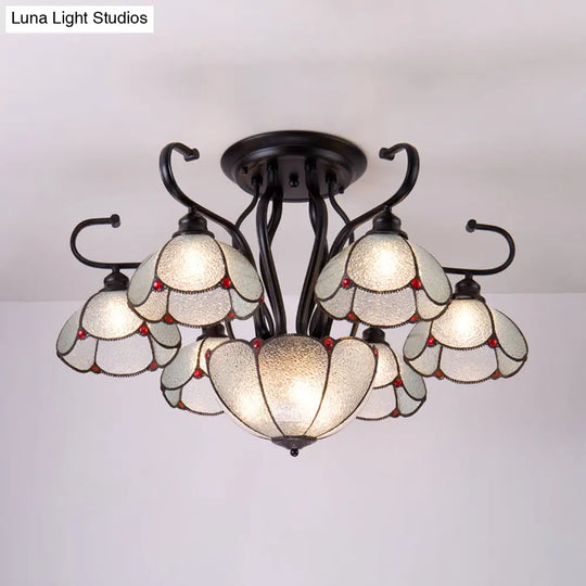Blue/Clear Tiffany Style Scalloped Ceiling Light - Multi-Light Semi Flush