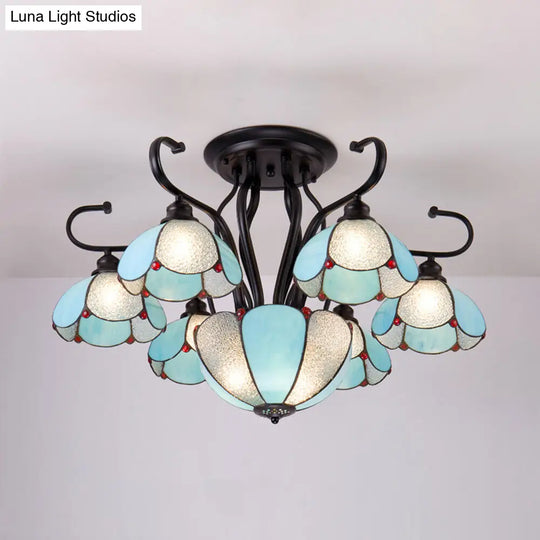 Blue/Clear Tiffany Style Scalloped Ceiling Light - Multi-Light Semi Flush Blue