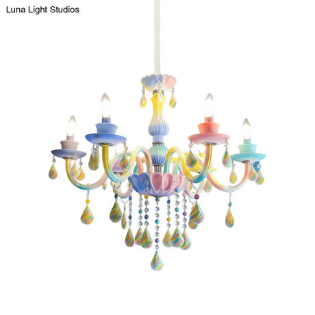 Blue Crystal Arm Pendant Chandelier For Kids - Elegant 6 Head Hanging Light With Curvy Design