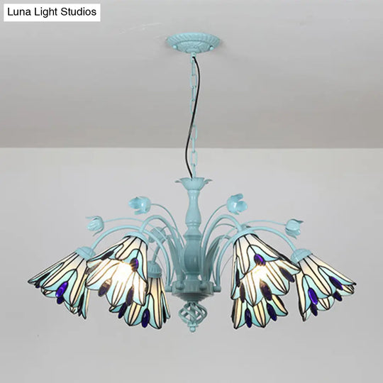Blue/Dark Blue Conical Chandelier Pendant Light Stained Art Glass Baroque Hanging Lamp Kit - 3/6/8