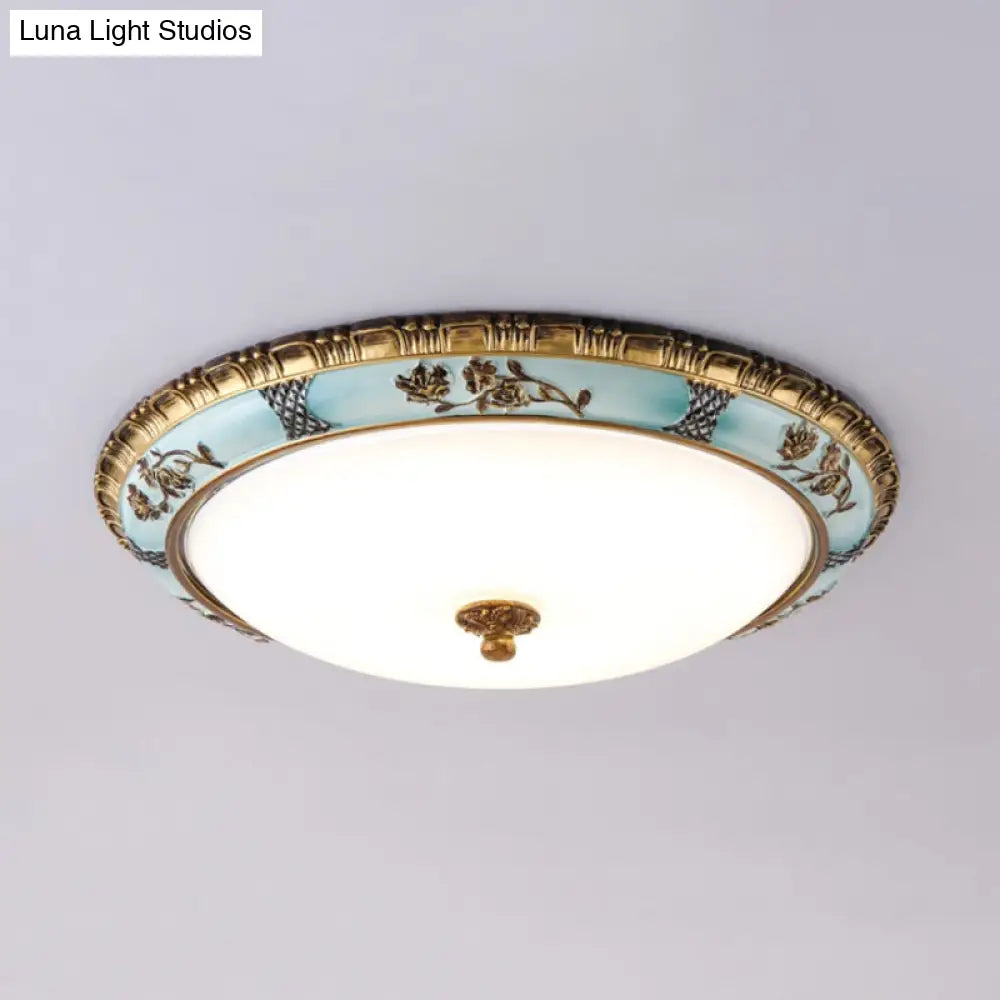 Blue Dome Cream Glass Led Ceiling Mount Lamp - Retro Flush Light Fixture For Dining Room