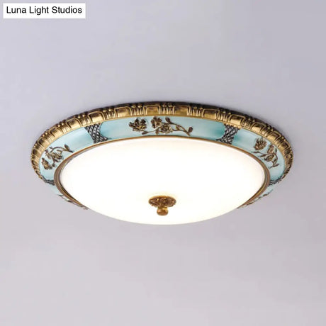 Blue Dome Cream Glass Led Ceiling Mount Lamp - Retro Flush Light Fixture For Dining Room