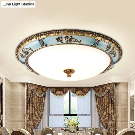 Blue Dome Cream Glass Led Ceiling Mount Lamp - Retro Flush Light Fixture For Dining Room