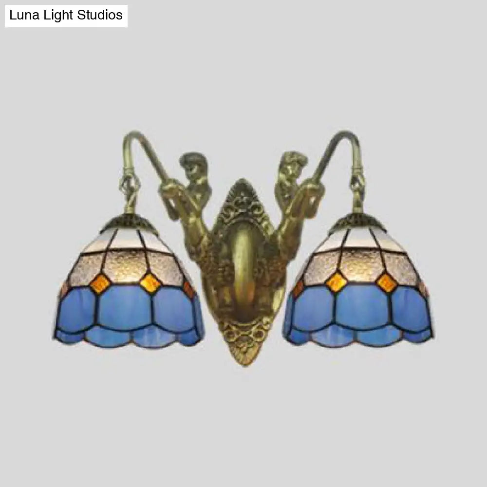 Blue Glass Antique Brass Sconce With 2 Dome Heads - Mediterranean Wall Light Fixture