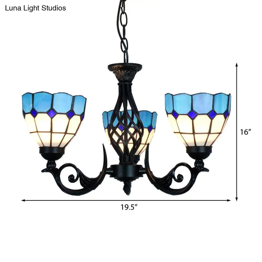 Blue Glass Bowl Pendant Light With Grid Pattern And Metal Chain For Bedroom