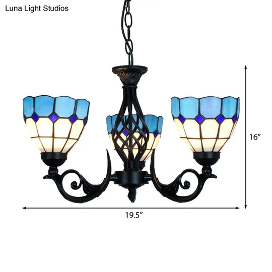 Blue Glass Bowl Pendant Light With Grid Pattern And Metal Chain For Bedroom