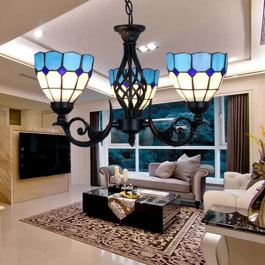 Blue Glass Bowl Pendant Light With Grid Pattern And Metal Chain For Bedroom