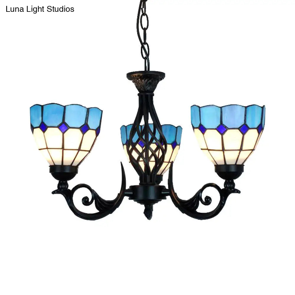 Blue Glass Bowl Pendant Light With Grid Pattern And Metal Chain For Bedroom