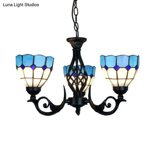 Blue Glass Bowl Pendant Light With Grid Pattern And Metal Chain For Bedroom