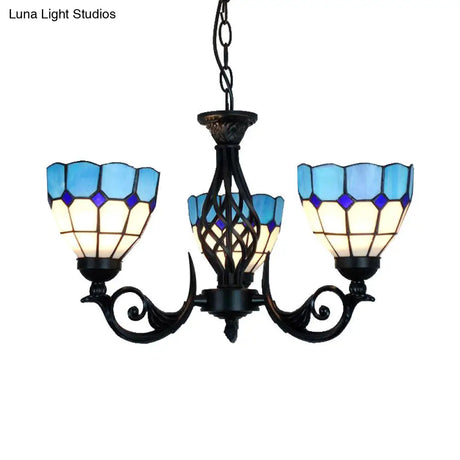Blue Glass Bowl Pendant Light With Grid Pattern And Metal Chain For Bedroom