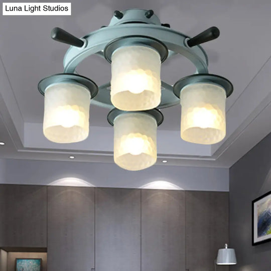 Blue Glass Cylinder Ceiling Lamp - Nautical Style Flush Mount Light For Hallway (4 Lights)