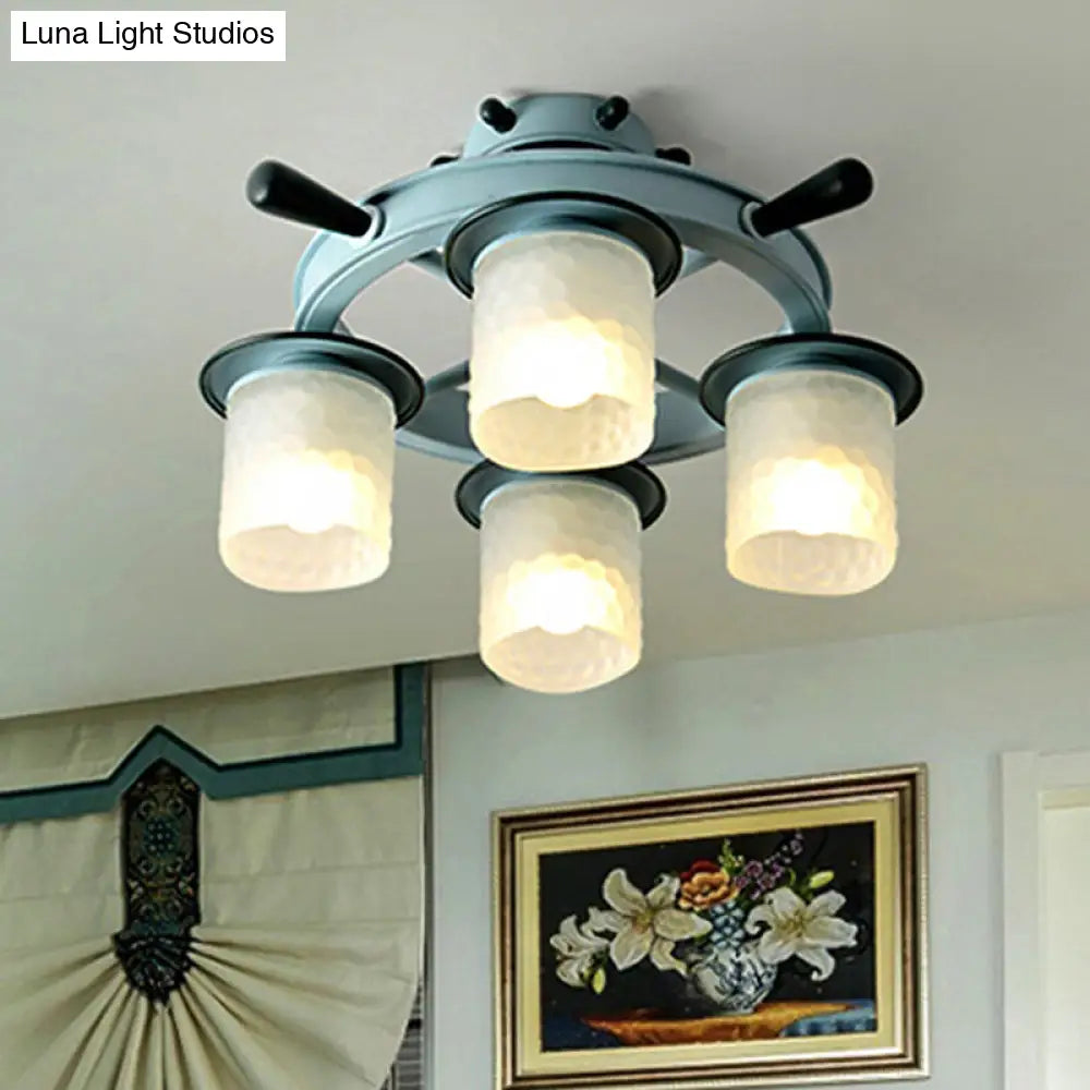 Blue Glass Cylinder Ceiling Lamp - Nautical Style Flush Mount Light For Hallway (4 Lights) / 19