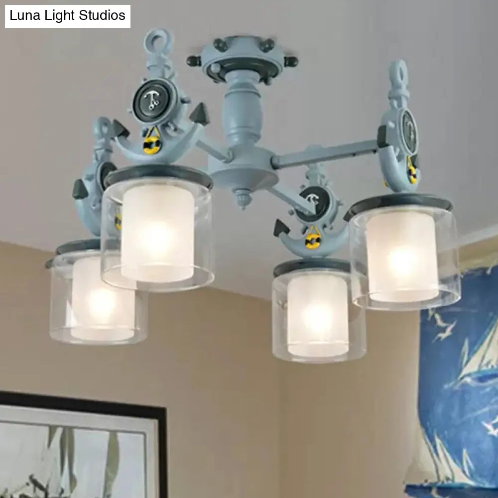 Blue Glass Cylinder Ceiling Lamp - Nautical Style Flush Mount Light For Hallway (4 Lights) / 24.5