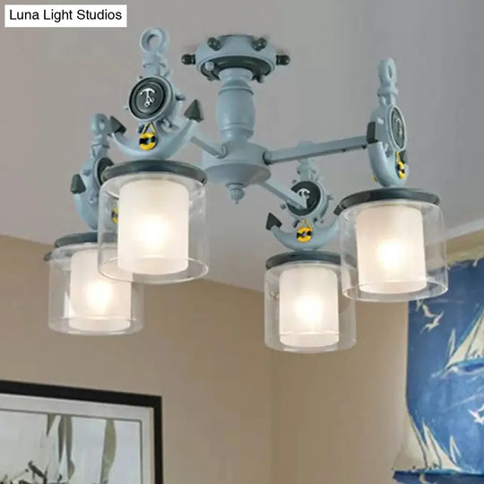 Blue Glass Cylinder Ceiling Lamp - Nautical Style Flush Mount Light For Hallway (4 Lights) / 24.5