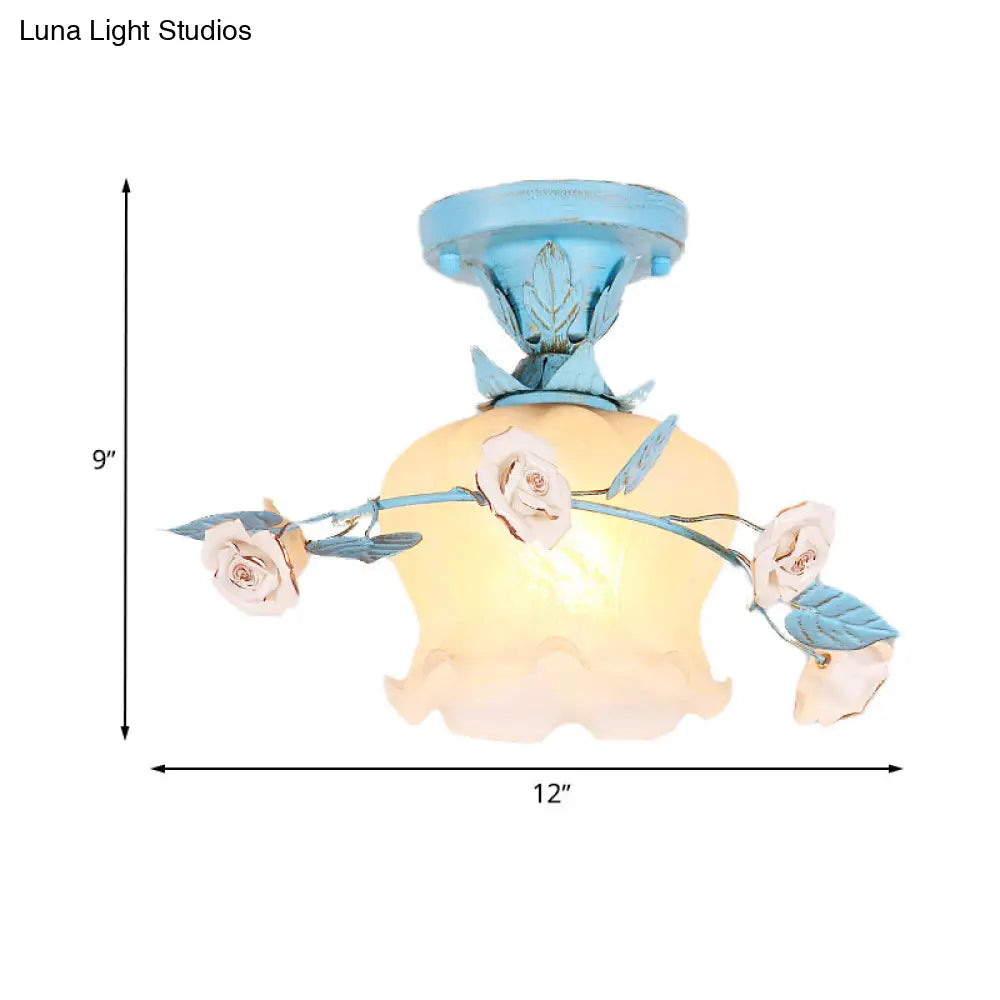 Blue Glass Korean Garden Flush Light With Blossom Design - Semi-Mounted Single Bulb Entry Fixture