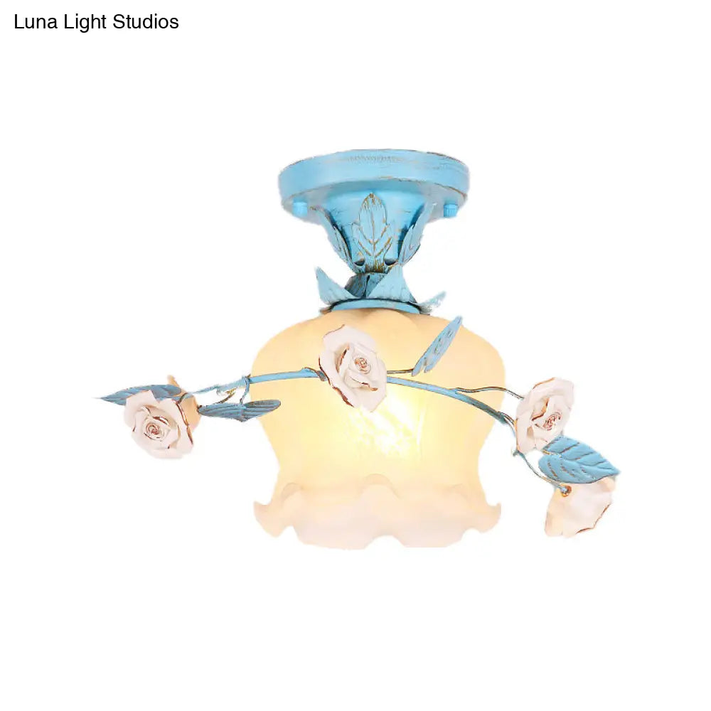 Blue Glass Korean Garden Flush Light With Blossom Design - Semi-Mounted Single Bulb Entry Fixture