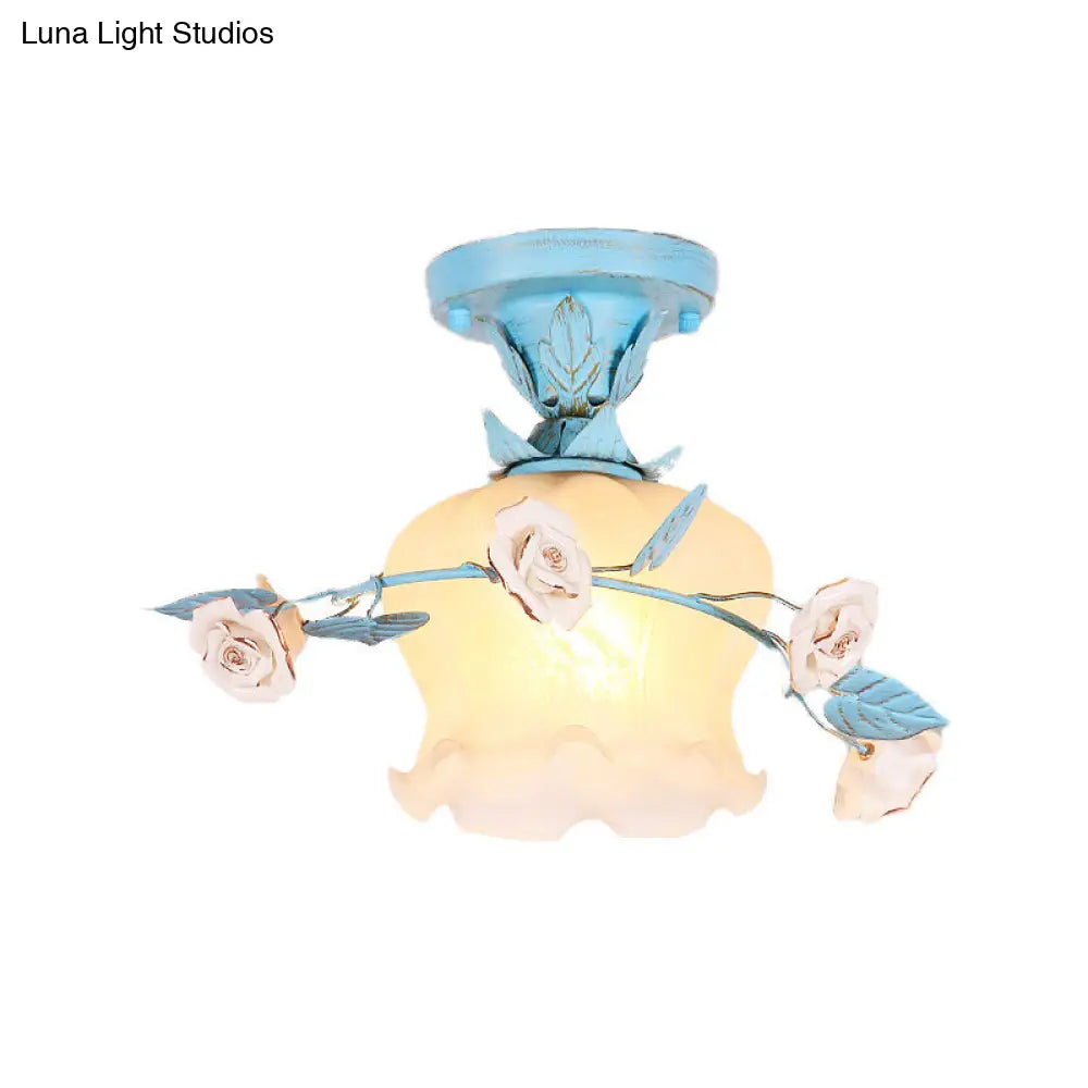 Blue Glass Korean Garden Flush Light With Blossom Design - Semi-Mounted Single Bulb Entry Fixture