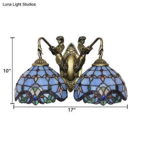 Blue Glass Mediterranean Dome Wall Sconce With 2 Lights - Perfect For Living Room Lighting
