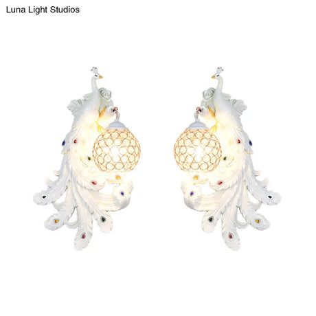 Blue/Gold Peacock Wall Lamp - Country Resin Sconce Lighting With Crystal Globe Shade (1/2-Pack)