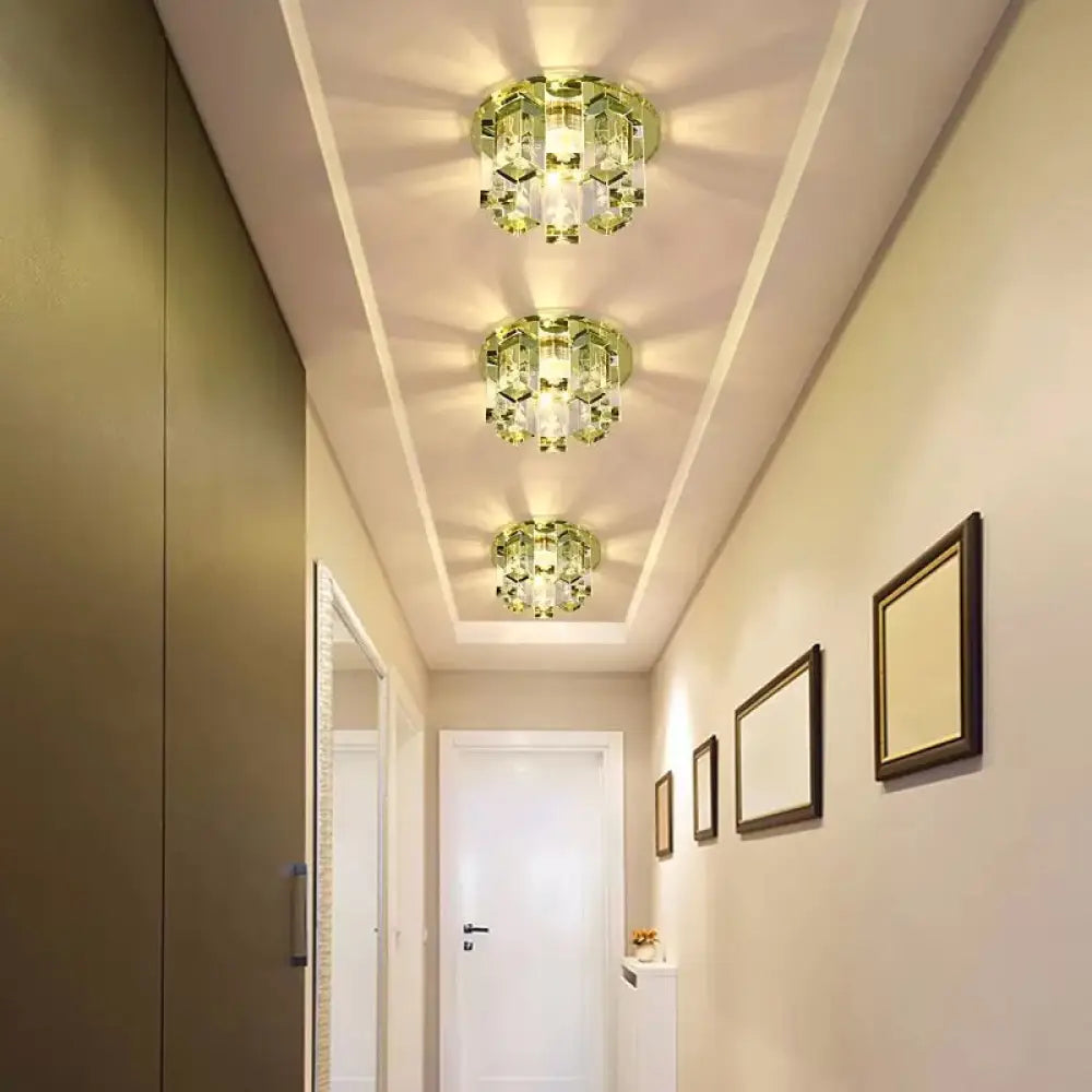 Blue/Gold/Tan Crystal Led Flush Mount Light With Round Design - Warm/White Lighting Tan / White