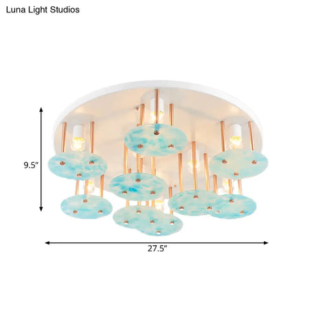 Blue Gradient Glass 9 - Head Semi Flush Kids Ceiling Mount Light With White And Gold Finish