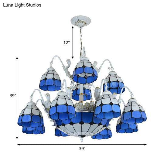 Blue Grid Pattern Tiffany Pendant Light With 15 Stained Glass Chandelier Lights And Mermaid
