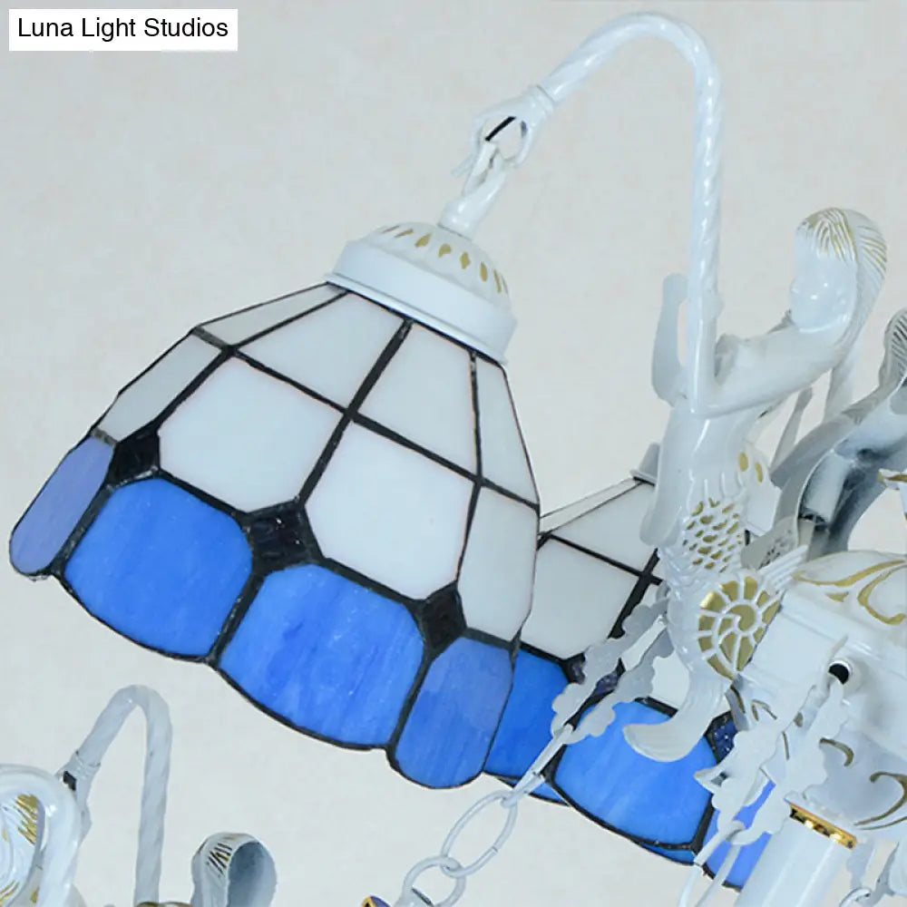 Blue Grid Pattern Tiffany Pendant Light With 15 Stained Glass Chandelier Lights And Mermaid