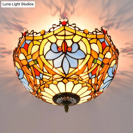 Blue Hand Cut Glass Ceiling Mount Light Scalloped Baroque Design 12’/16’ Width 2/3 Lights