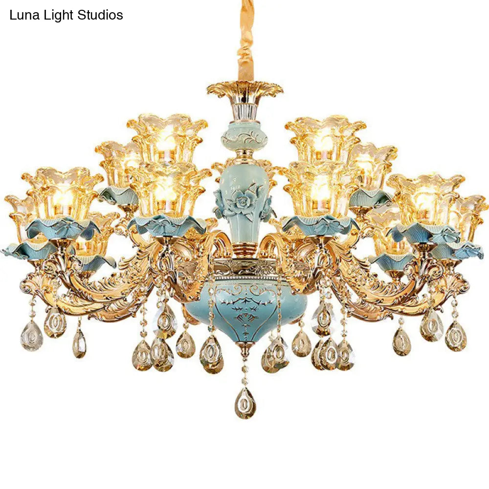 Blue Layered Flower Chandelier - Traditional Bedroom Suspension Light With Clear Crystal Glass