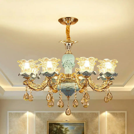 Blue Layered Flower Chandelier - Traditional Bedroom Suspension Light With Clear Crystal Glass 8 /