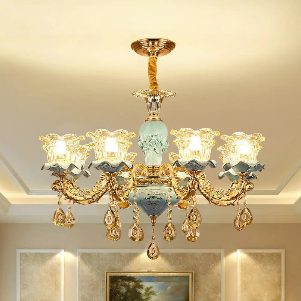 Blue Layered Flower Chandelier - Traditional Bedroom Suspension Light With Clear Crystal Glass 8 /