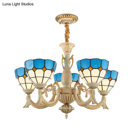 Blue Mediterranean Glass Pendant Chandelier With 5 Lights For Hallway
