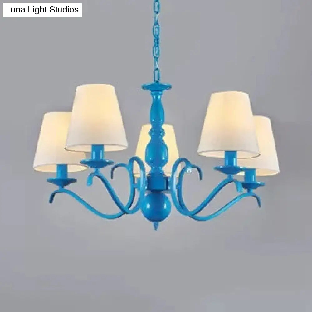 Blue Metal Chandelier: Bucket Shade Pendant Light With 5 Contemporary Lights For Dining Room
