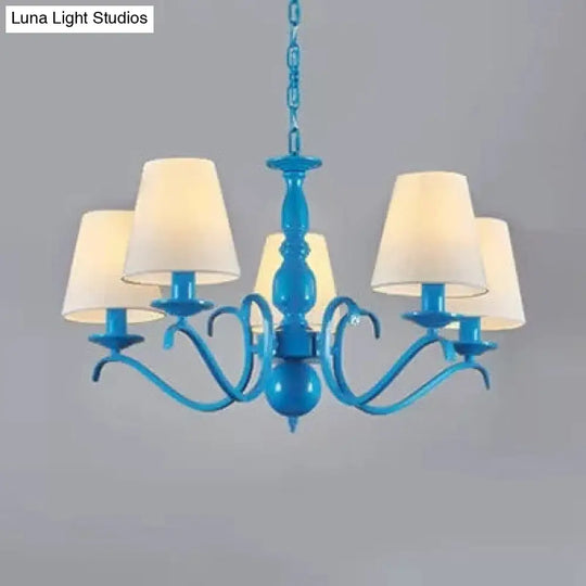 Blue Metal Chandelier: Bucket Shade Pendant Light With 5 Contemporary Lights For Dining Room