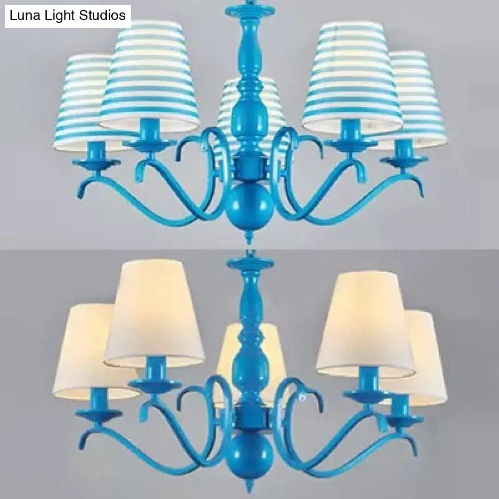 Blue Metal Chandelier: Bucket Shade Pendant Light With 5 Contemporary Lights For Dining Room
