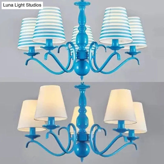 Blue Metal Chandelier: Bucket Shade Pendant Light With 5 Contemporary Lights For Dining Room